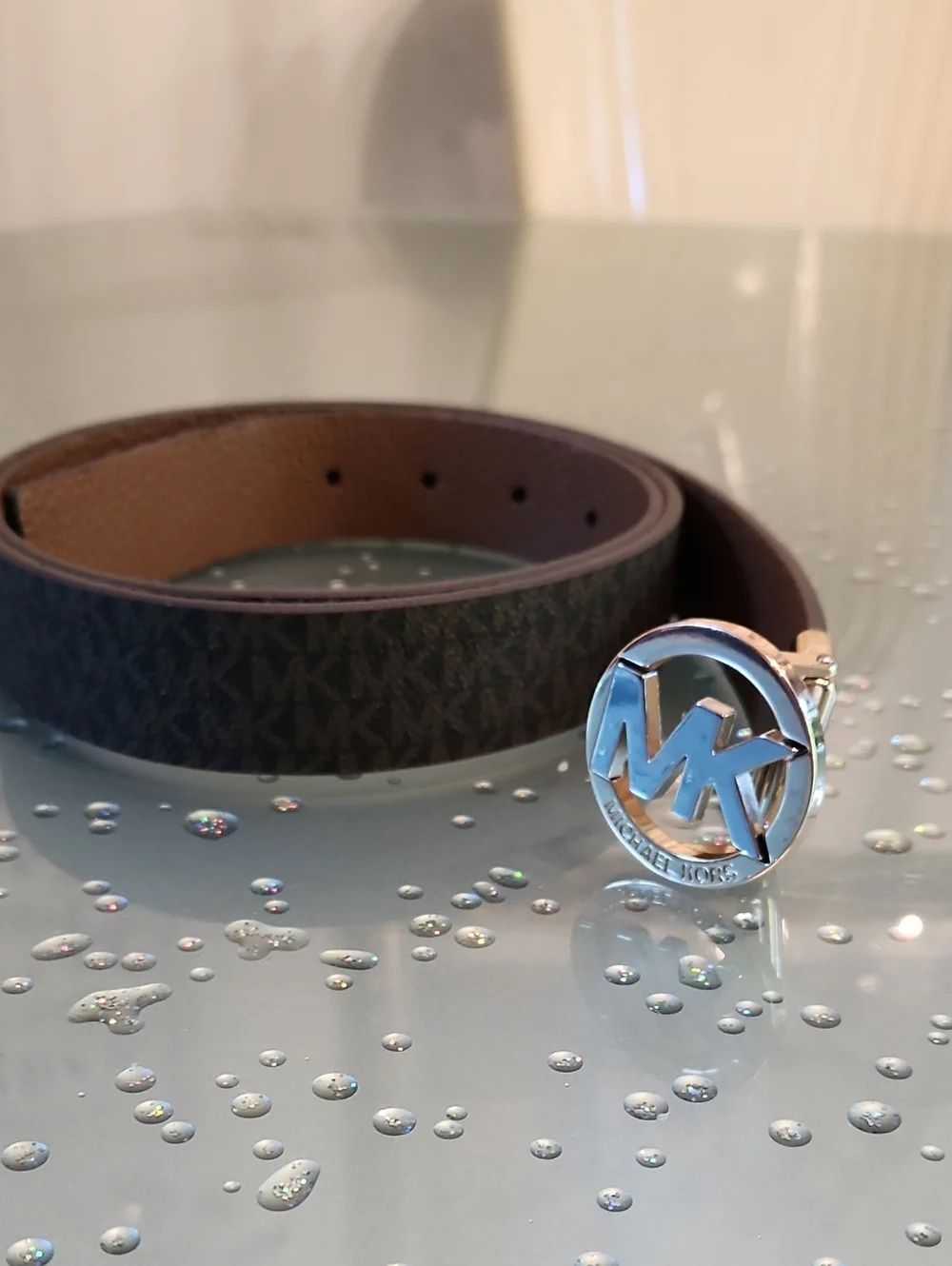 Michael Kors Brown MK Monogram Leather Belt with Silver Logo Buckle